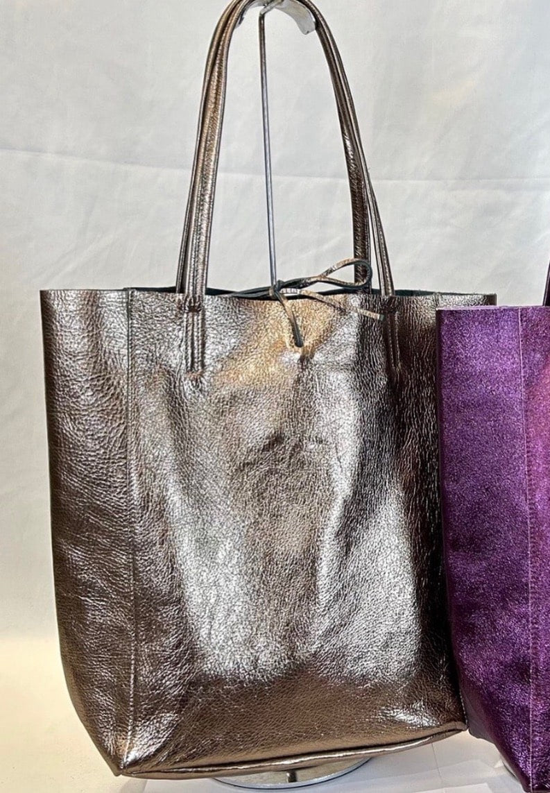 Genuine Leather Metallic Tote Bag