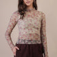 Women's Beige Floral Fitted Sheer Mesh Lace Top