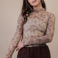 Women's Beige Floral Fitted Sheer Mesh Lace Top