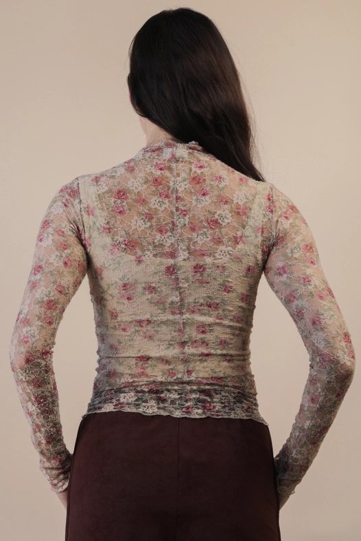 Women's Beige Floral Fitted Sheer Mesh Lace Top