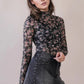 Women's Black Floral Fitted Sheer Mesh Lace Top