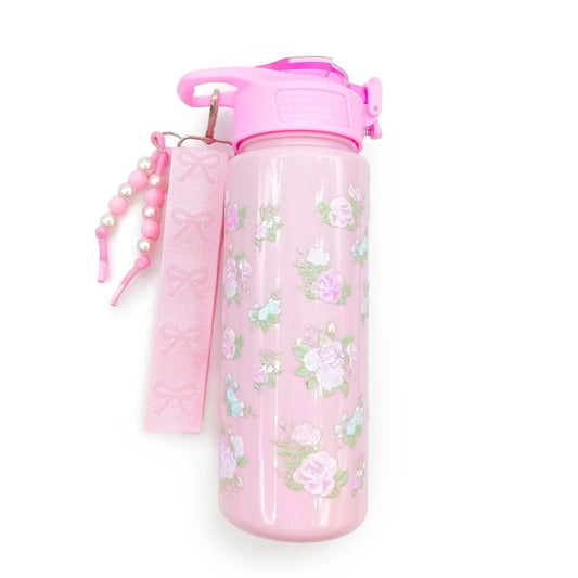 Pink Floral Printed Plastic Water Bottle with Wristlet