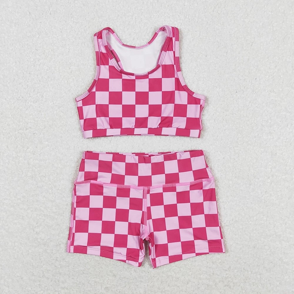 Kids Pink Checkered Crop Top and Shorts Set