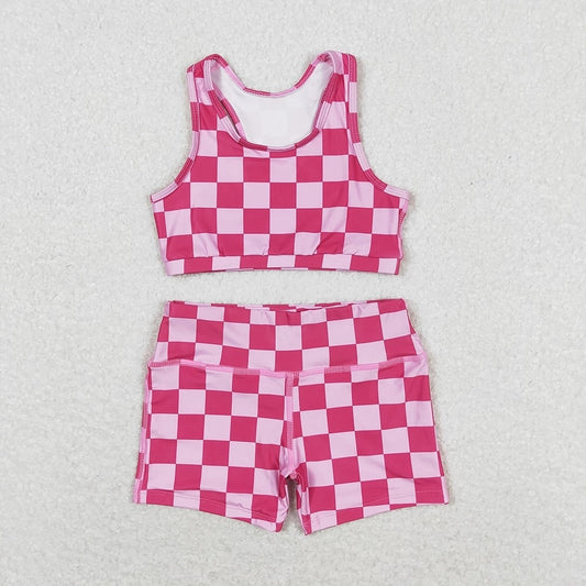 Kids Pink Checkered Crop Top and Shorts Set