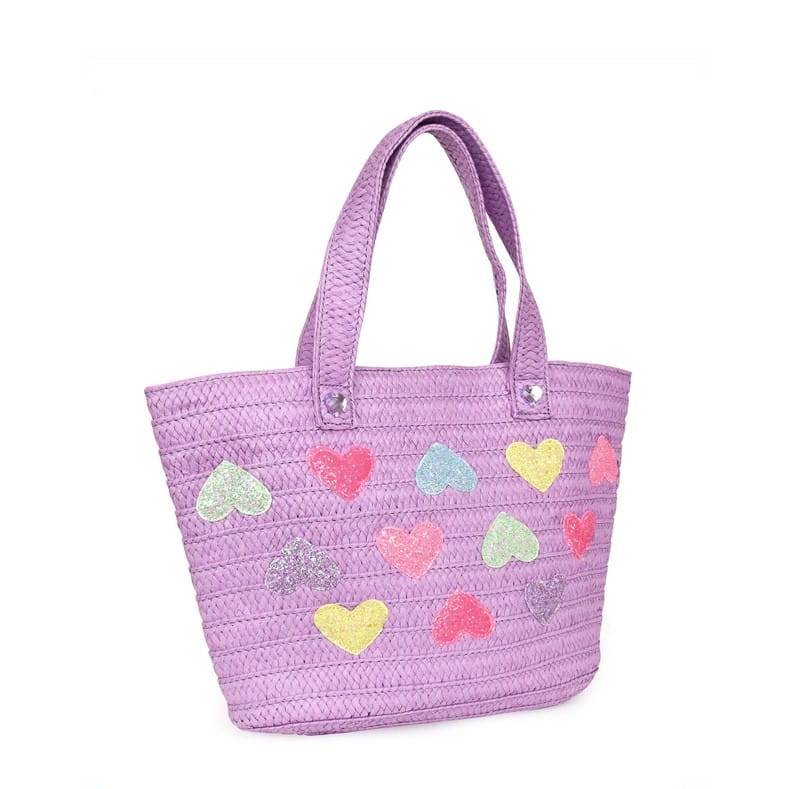 Purple Heart Patched Straw Tote Bag