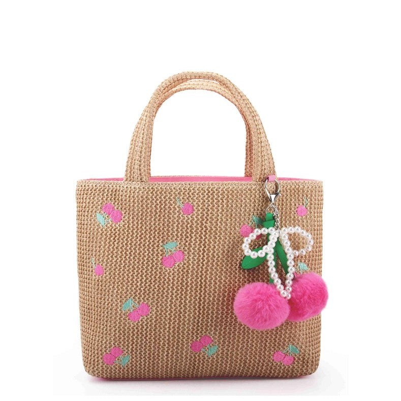Cherry Patched Mini Straw Bag